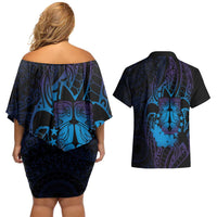 Kia Orana Kuki Airani Couples Matching Off Shoulder Short Dress and Hawaiian Shirt Cook Islands Tangaroa God Tatau Purple LT14 - Polynesian Pride