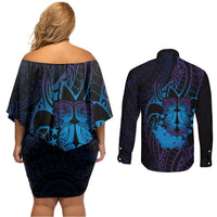 Kia Orana Kuki Airani Couples Matching Off Shoulder Short Dress and Long Sleeve Button Shirt Cook Islands Tangaroa God Tatau Purple LT14 - Polynesian Pride