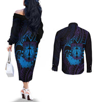 Kia Orana Kuki Airani Couples Matching Off The Shoulder Long Sleeve Dress and Long Sleeve Button Shirt Cook Islands Tangaroa God Tatau Purple LT14 - Polynesian Pride