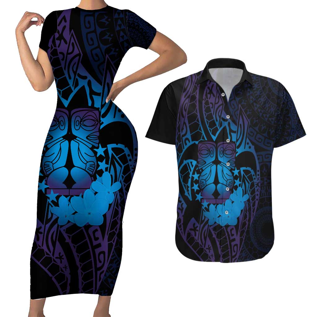 Kia Orana Kuki Airani Couples Matching Short Sleeve Bodycon Dress and Hawaiian Shirt Cook Islands Tangaroa God Tatau Purple LT14 Purple - Polynesian Pride