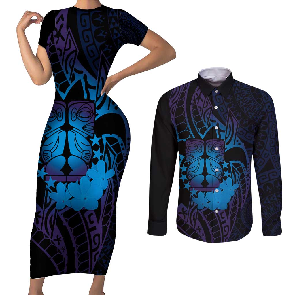 Kia Orana Kuki Airani Couples Matching Short Sleeve Bodycon Dress and Long Sleeve Button Shirt Cook Islands Tangaroa God Tatau Purple