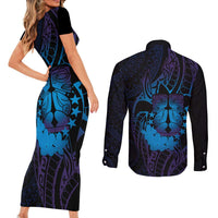 Kia Orana Kuki Airani Couples Matching Short Sleeve Bodycon Dress and Long Sleeve Button Shirt Cook Islands Tangaroa God Tatau Purple LT14 - Polynesian Pride
