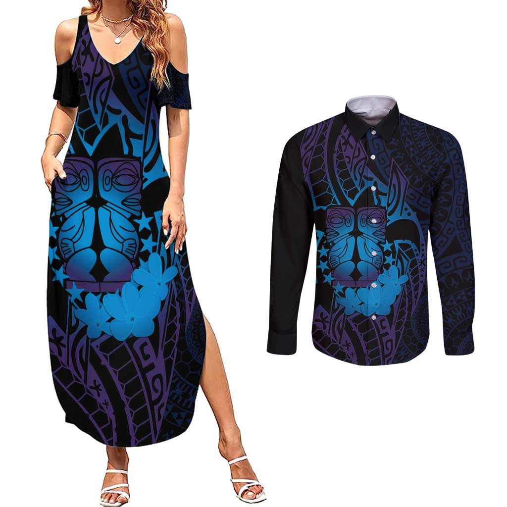 Kia Orana Kuki Airani Couples Matching Summer Maxi Dress and Long Sleeve Button Shirt Cook Islands Tangaroa God Tatau Purple LT14 Purple - Polynesian Pride