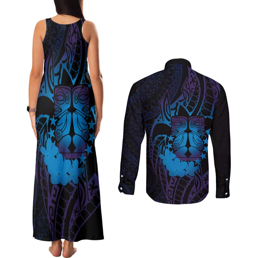 Kia Orana Kuki Airani Couples Matching Tank Maxi Dress and Long Sleeve Button Shirt Cook Islands Tangaroa God Tatau Purple LT14 - Polynesian Pride
