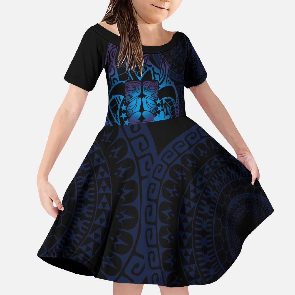 Kia Orana Kuki Airani Family Matching Long Sleeve Bodycon Dress and Hawaiian Shirt Cook Islands Tangaroa God Tatau Purple LT14 Daughter's Dress Purple - Polynesian Pride