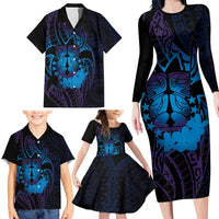 Kia Orana Kuki Airani Family Matching Long Sleeve Bodycon Dress and Hawaiian Shirt Cook Islands Tangaroa God Tatau Purple LT14 - Polynesian Pride