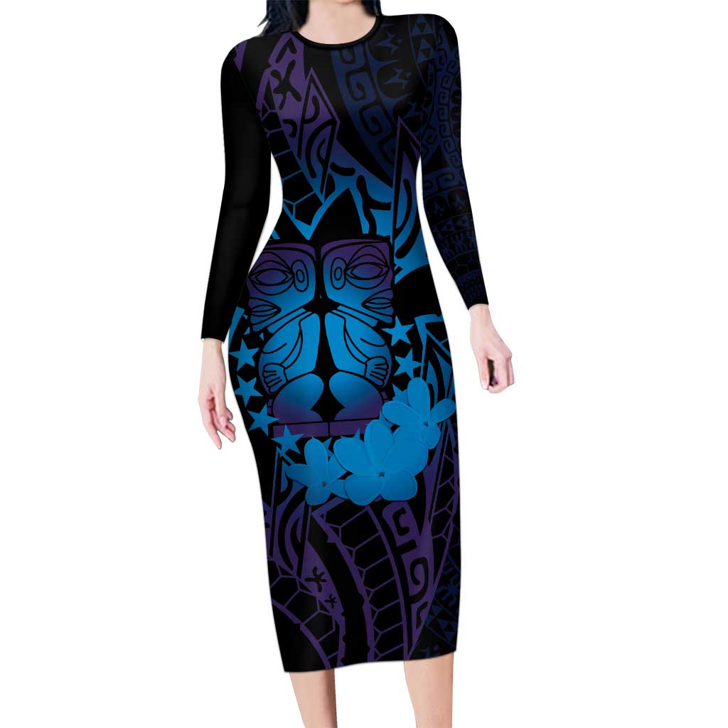 Kia Orana Kuki Airani Family Matching Long Sleeve Bodycon Dress and Hawaiian Shirt Cook Islands Tangaroa God Tatau Purple LT14 Mom's Dress Purple - Polynesian Pride