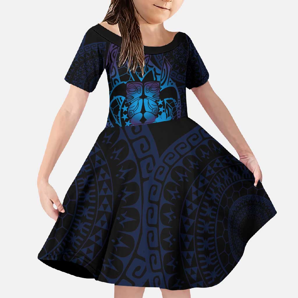 Kia Orana Kuki Airani Family Matching Off Shoulder Maxi Dress and Hawaiian Shirt Cook Islands Tangaroa God Tatau Purple LT14 Daughter's Dress Purple - Polynesian Pride