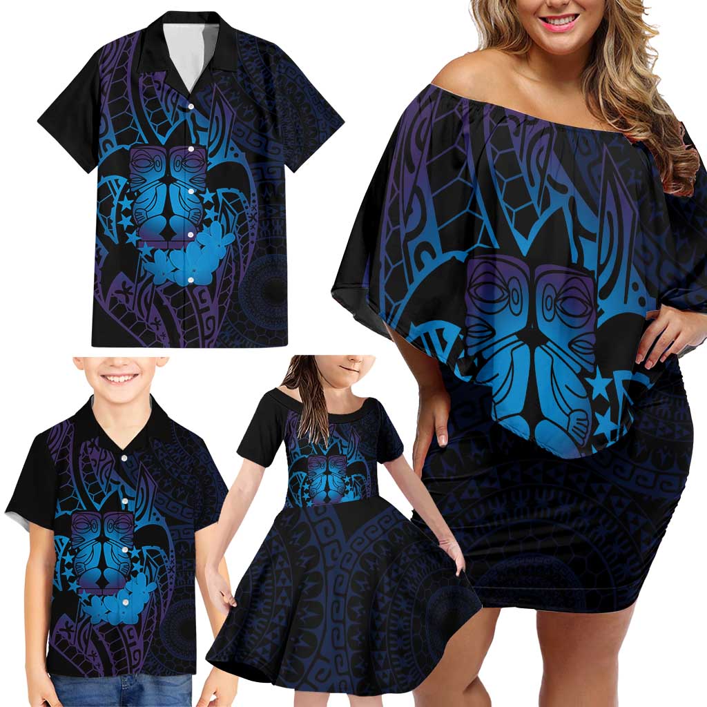 Kia Orana Kuki Airani Family Matching Off Shoulder Short Dress and Hawaiian Shirt Cook Islands Tangaroa God Tatau Purple LT14 - Polynesian Pride
