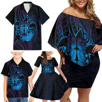 Kia Orana Kuki Airani Family Matching Off Shoulder Short Dress and Hawaiian Shirt Cook Islands Tangaroa God Tatau Purple LT14 - Polynesian Pride