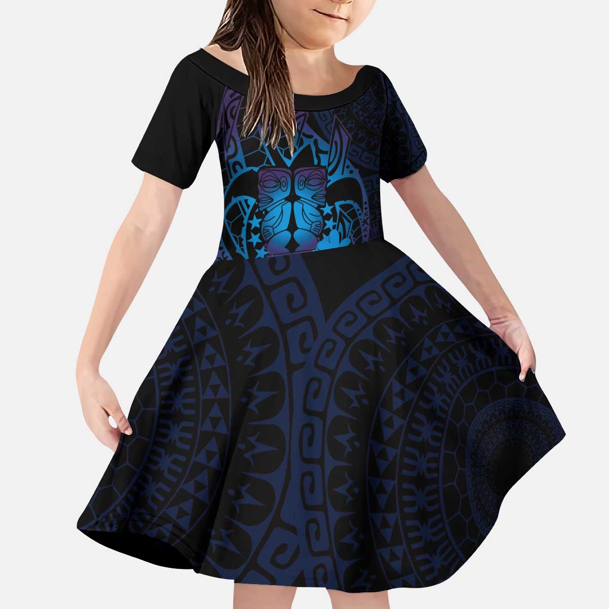 Kia Orana Kuki Airani Kid Short Sleeve Dress Cook Islands Tangaroa God Tatau Purple LT14 KID Purple - Polynesian Pride