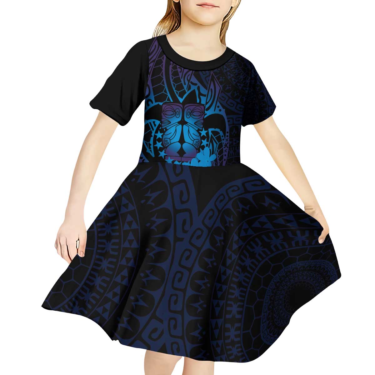 Kia Orana Kuki Airani Kid Short Sleeve Dress Cook Islands Tangaroa God Tatau Purple LT14 - Polynesian Pride