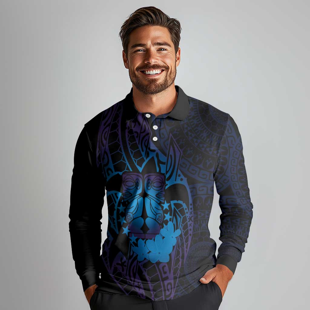Kia Orana Kuki Airani Long Sleeve Polo Shirt Cook Islands Tangaroa God Tatau Purple LT14 - Polynesian Pride