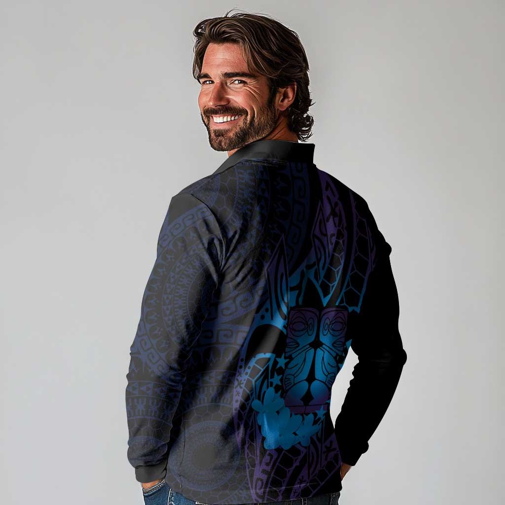 Kia Orana Kuki Airani Long Sleeve Polo Shirt Cook Islands Tangaroa God Tatau Purple LT14 - Polynesian Pride