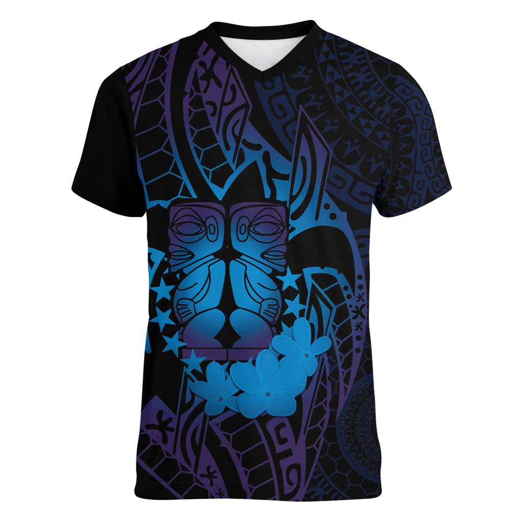 Kia Orana Kuki Airani Women V-Neck T-Shirt Cook Islands Tangaroa God Tatau Purple LT14 Female Purple - Polynesian Pride