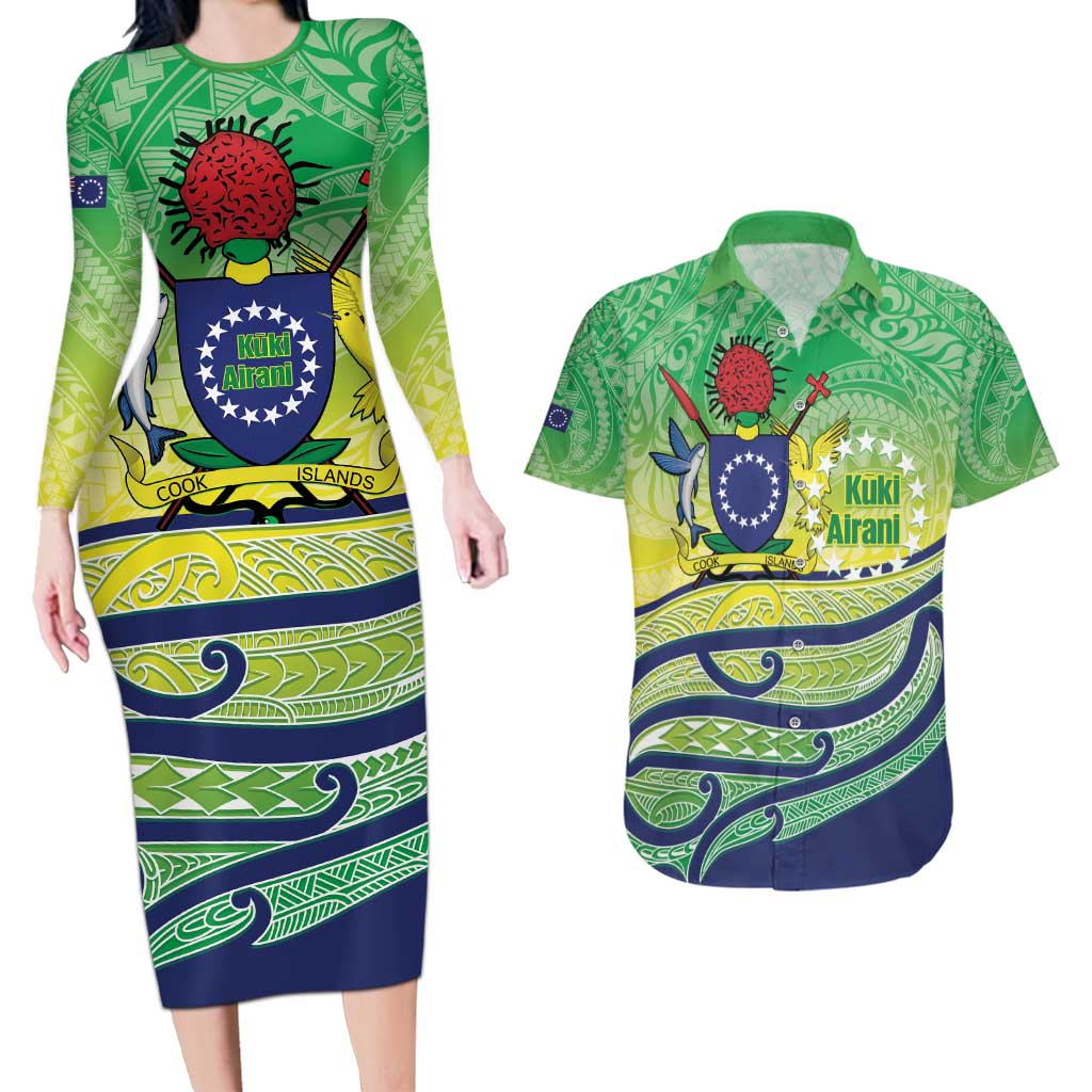 Te Maeva Nui Cook Islands Couples Matching Long Sleeve Bodycon Dress and Hawaiian Shirt 60th Independence Anniversary Proud LT14 Green - Polynesian Pride