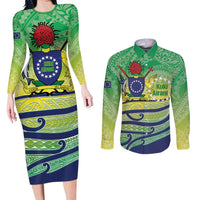 Te Maeva Nui Cook Islands Couples Matching Long Sleeve Bodycon Dress and Long Sleeve Button Shirt 60th Independence Anniversary Proud LT14 Green - Polynesian Pride