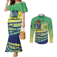 Te Maeva Nui Cook Islands Couples Matching Mermaid Dress and Long Sleeve Button Shirt 60th Independence Anniversary Proud LT14 Green - Polynesian Pride