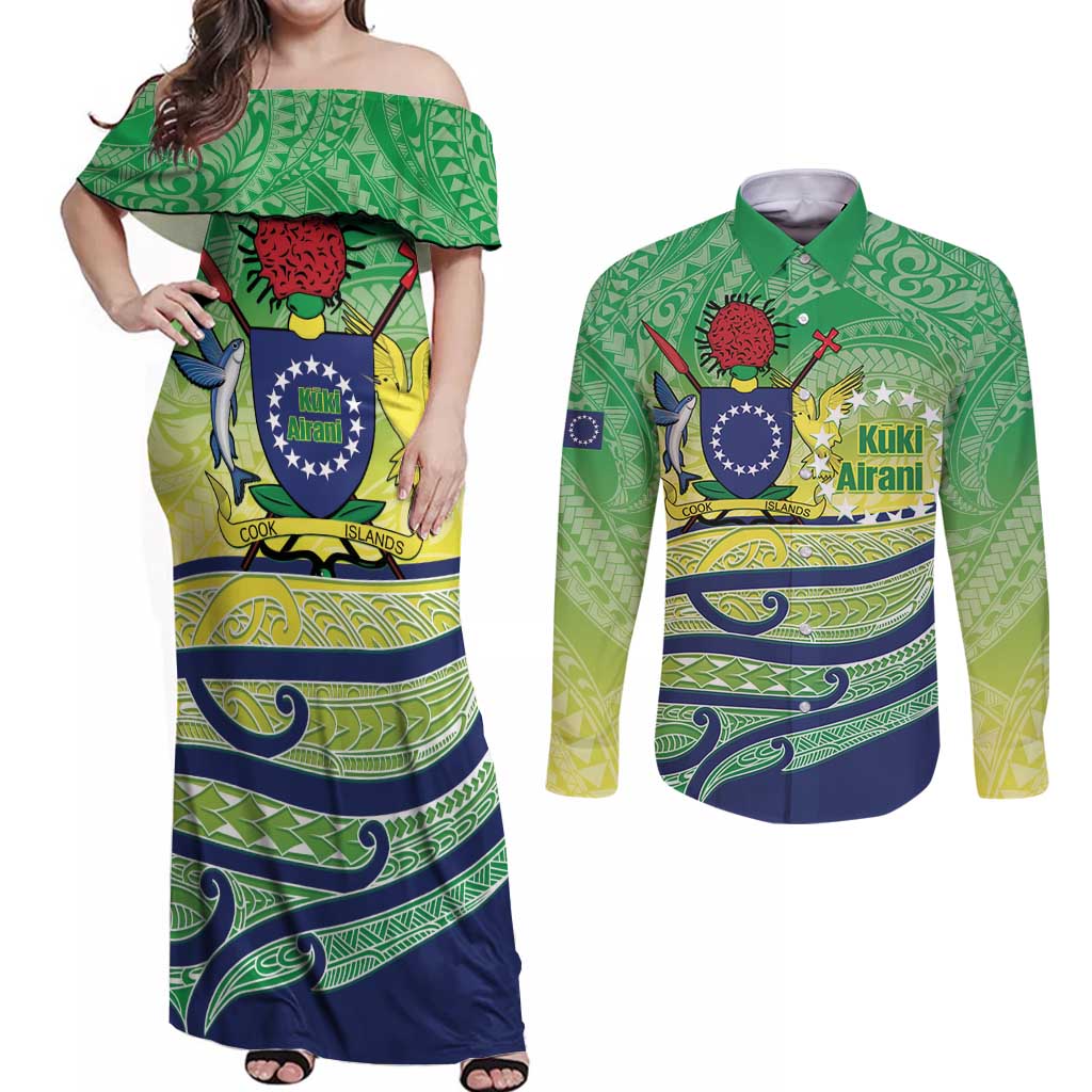Te Maeva Nui Cook Islands Couples Matching Off Shoulder Maxi Dress and Long Sleeve Button Shirt 60th Independence Anniversary Proud LT14 Green - Polynesian Pride