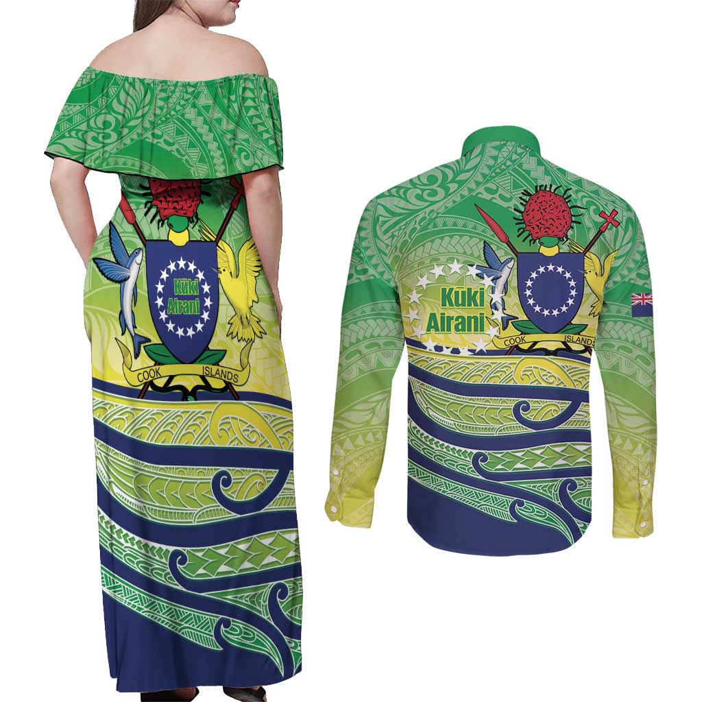 Te Maeva Nui Cook Islands Couples Matching Off Shoulder Maxi Dress and Long Sleeve Button Shirt 60th Independence Anniversary Proud LT14 - Polynesian Pride