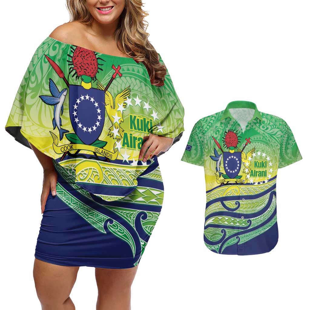 Te Maeva Nui Cook Islands Couples Matching Off Shoulder Short Dress and Hawaiian Shirt 60th Independence Anniversary Proud LT14 Green - Polynesian Pride