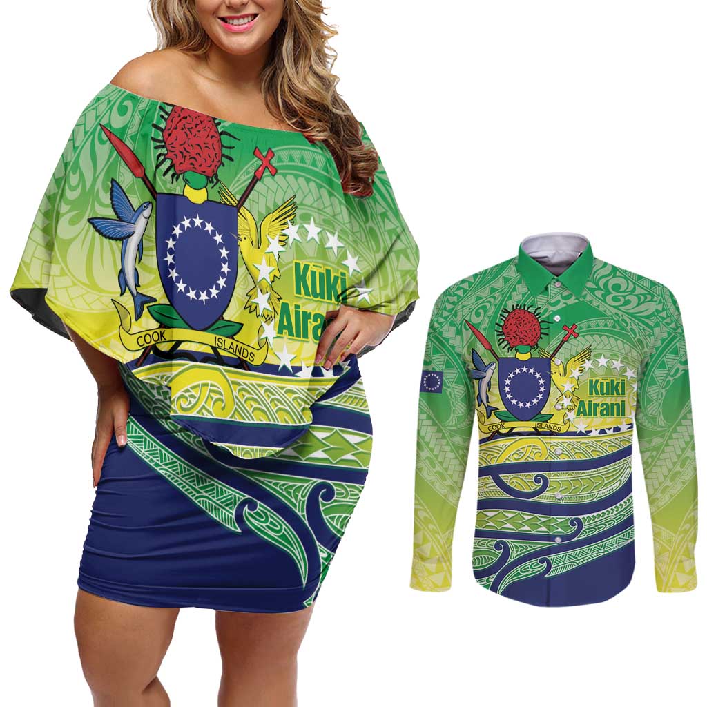 Te Maeva Nui Cook Islands Couples Matching Off Shoulder Short Dress and Long Sleeve Button Shirt 60th Independence Anniversary Proud LT14 Green - Polynesian Pride