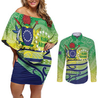 Te Maeva Nui Cook Islands Couples Matching Off Shoulder Short Dress and Long Sleeve Button Shirt 60th Independence Anniversary Proud LT14 Green - Polynesian Pride