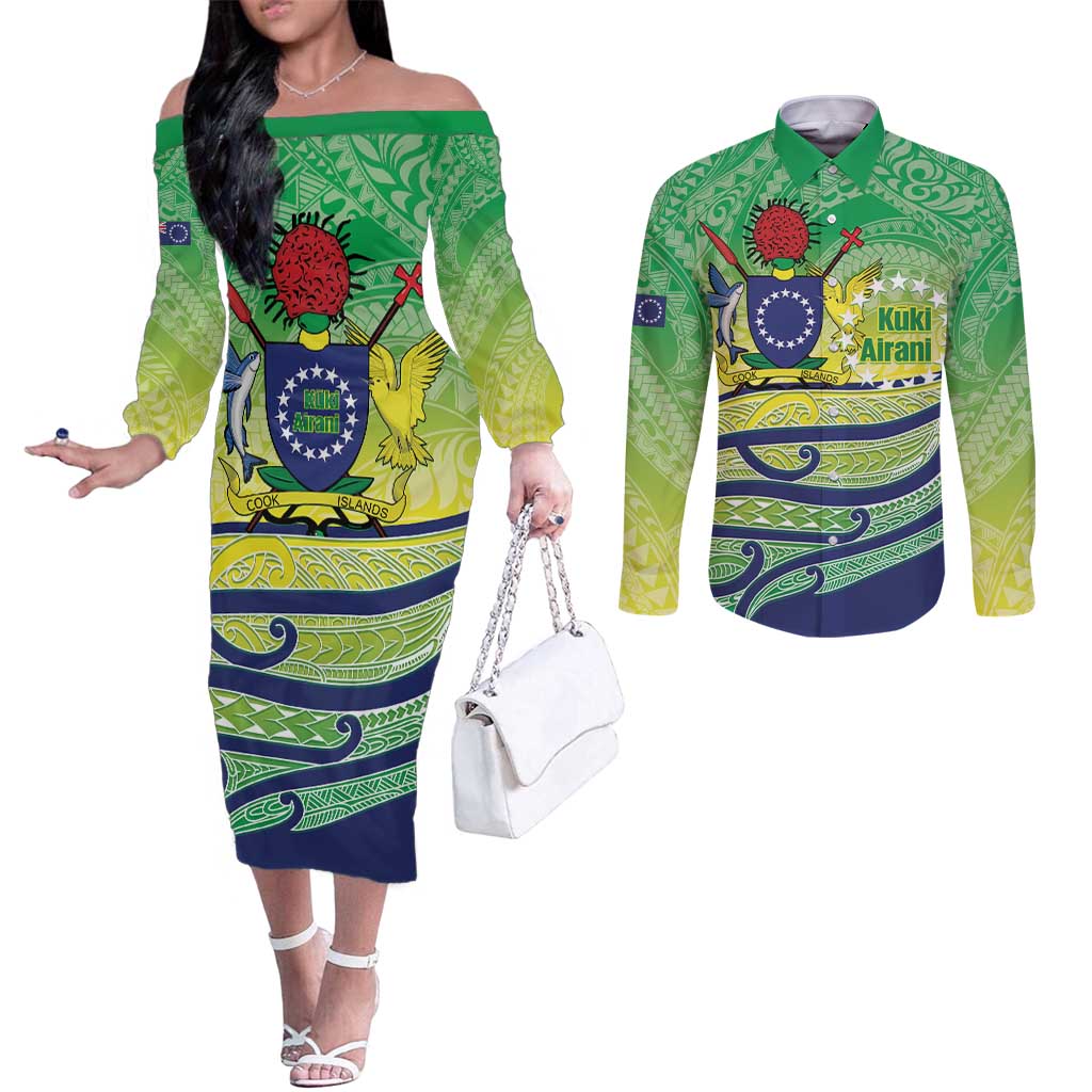 Te Maeva Nui Cook Islands Couples Matching Off The Shoulder Long Sleeve Dress and Long Sleeve Button Shirt 60th Independence Anniversary Proud LT14 Green - Polynesian Pride