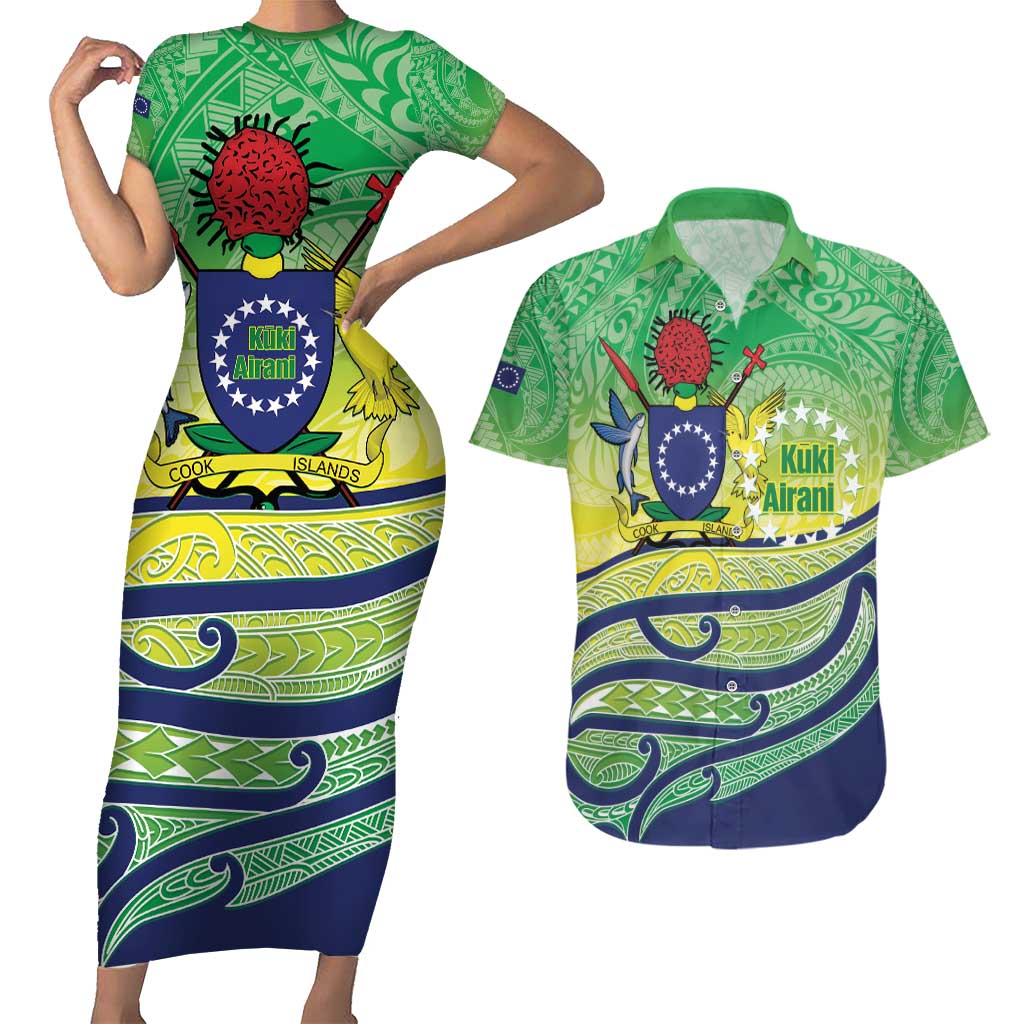 Te Maeva Nui Cook Islands Couples Matching Short Sleeve Bodycon Dress and Hawaiian Shirt 60th Independence Anniversary Proud LT14 Green - Polynesian Pride