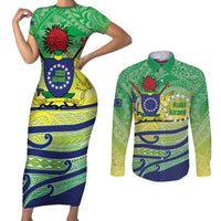 Te Maeva Nui Cook Islands Couples Matching Short Sleeve Bodycon Dress and Long Sleeve Button Shirt 60th Independence Anniversary Proud LT14 Green - Polynesian Pride