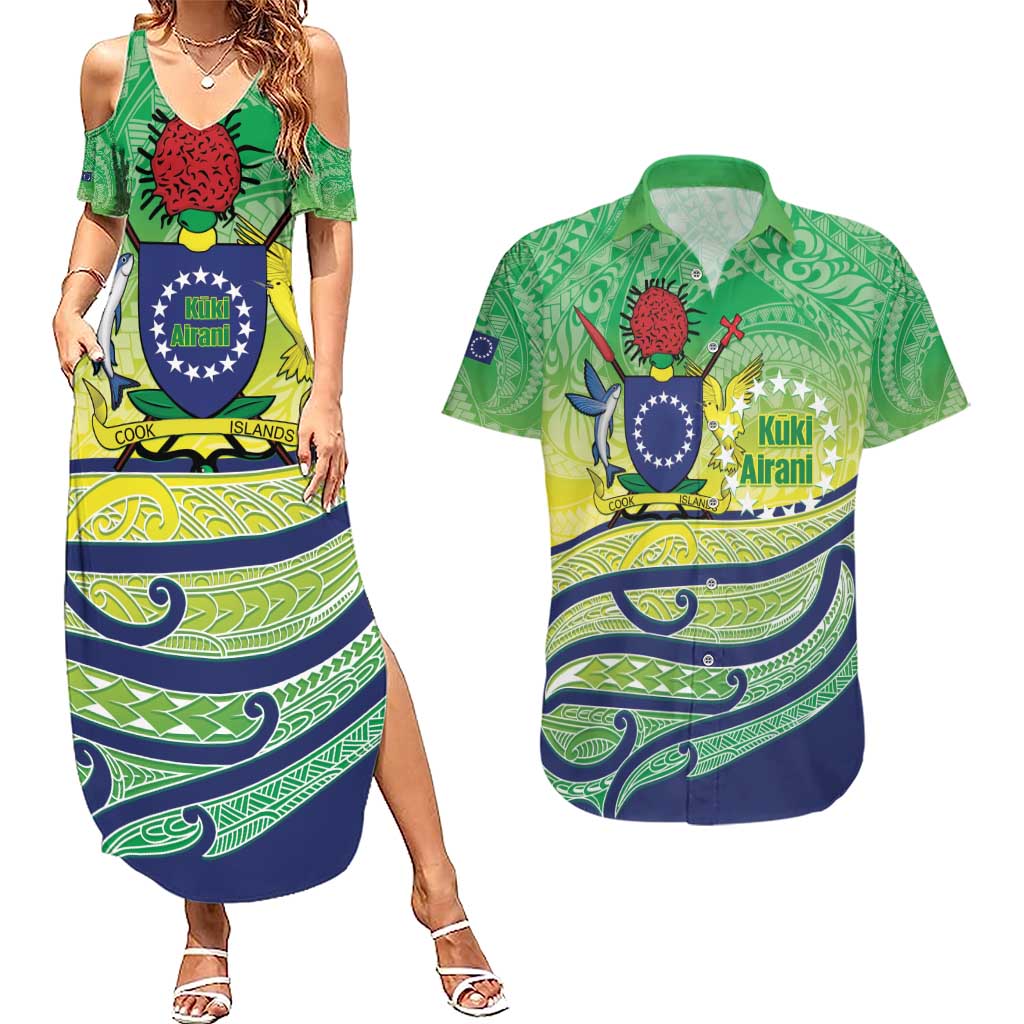 Te Maeva Nui Cook Islands Couples Matching Summer Maxi Dress and Hawaiian Shirt 60th Independence Anniversary Proud LT14 Green - Polynesian Pride