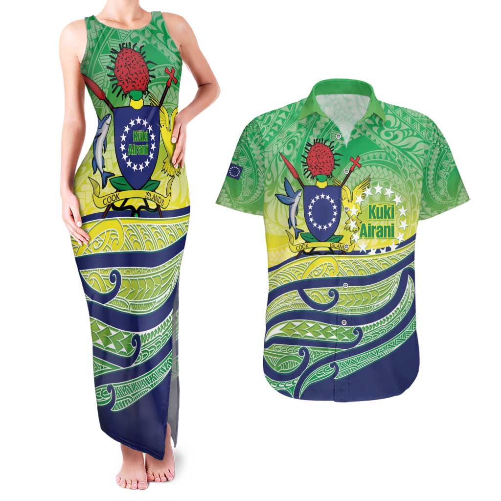 Te Maeva Nui Cook Islands Couples Matching Tank Maxi Dress and Hawaiian Shirt 60th Independence Anniversary Proud LT14 Green - Polynesian Pride