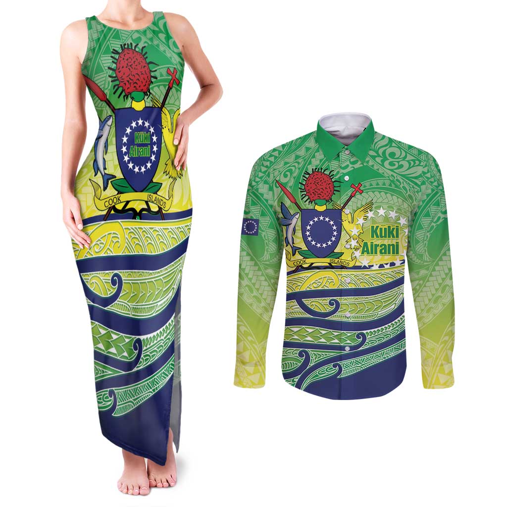 Te Maeva Nui Cook Islands Couples Matching Tank Maxi Dress and Long Sleeve Button Shirt 60th Independence Anniversary Proud LT14 Green - Polynesian Pride
