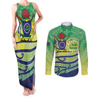Te Maeva Nui Cook Islands Couples Matching Tank Maxi Dress and Long Sleeve Button Shirt 60th Independence Anniversary Proud LT14 Green - Polynesian Pride