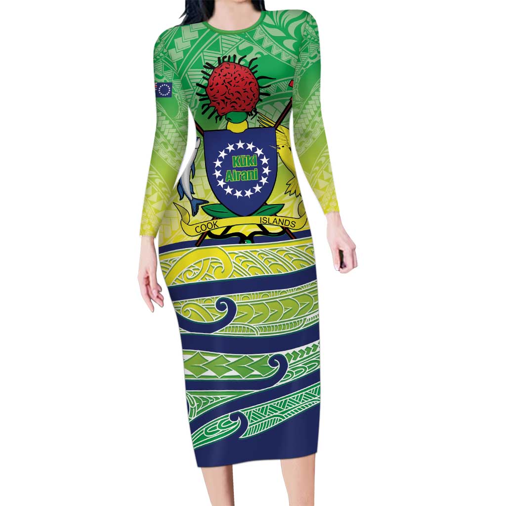 Te Maeva Nui Cook Islands Family Matching Long Sleeve Bodycon Dress and Hawaiian Shirt 60th Independence Anniversary Proud LT14 Mom's Dress Green - Polynesian Pride