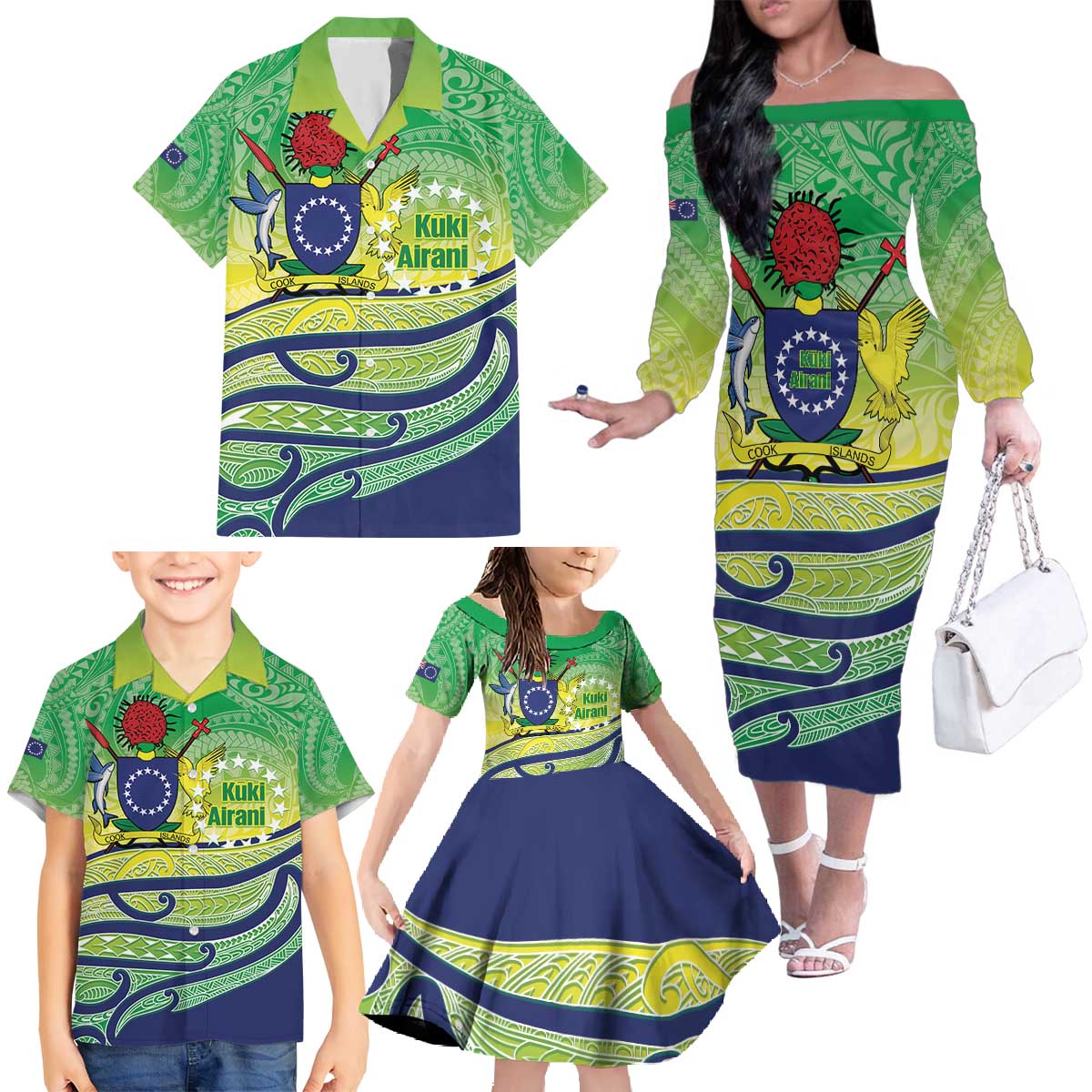 Te Maeva Nui Cook Islands Family Matching Off The Shoulder Long Sleeve Dress and Hawaiian Shirt 60th Independence Anniversary Proud LT14 - Polynesian Pride