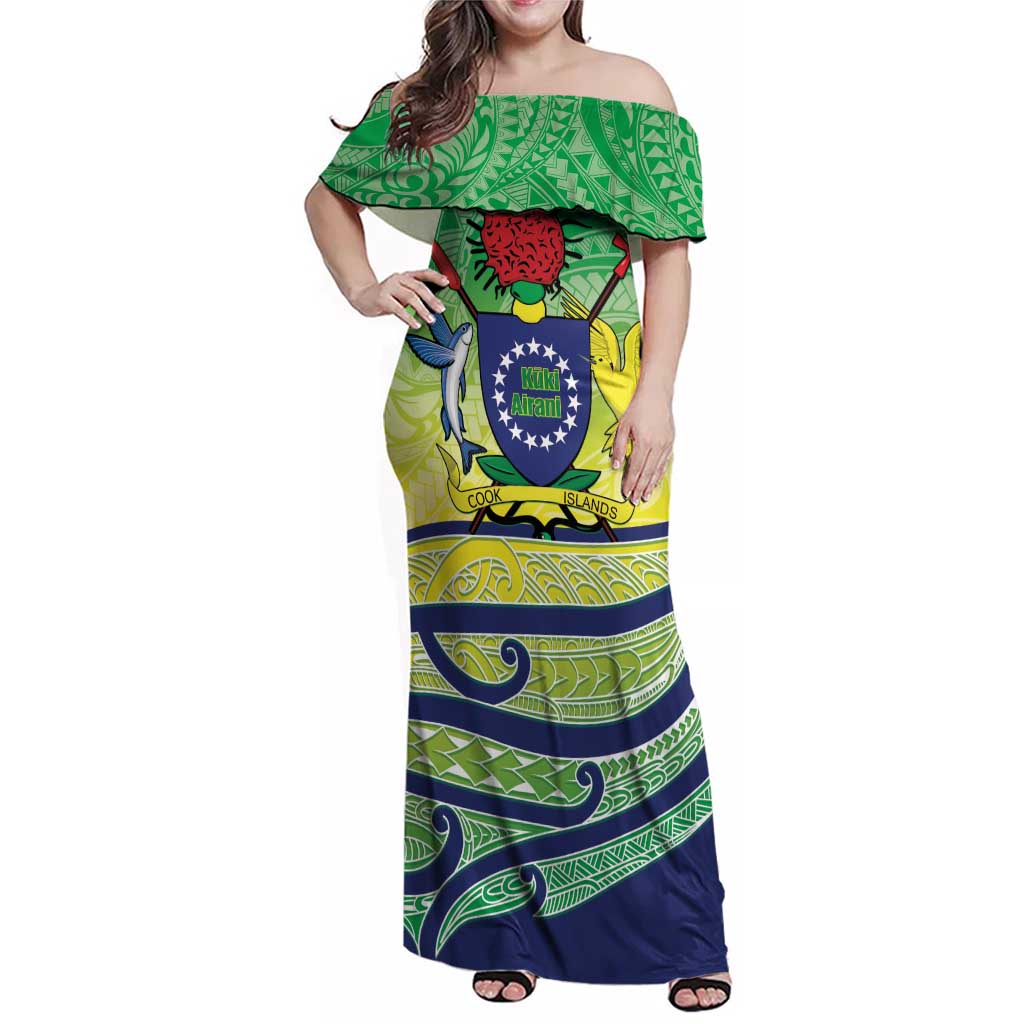 Te Maeva Nui Cook Islands Family Matching Off Shoulder Maxi Dress and Hawaiian Shirt 60th Independence Anniversary Proud LT14 Mom's Dress Green - Polynesian Pride