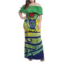 Te Maeva Nui Cook Islands Family Matching Off Shoulder Maxi Dress and Hawaiian Shirt 60th Independence Anniversary Proud LT14 Mom's Dress Green - Polynesian Pride