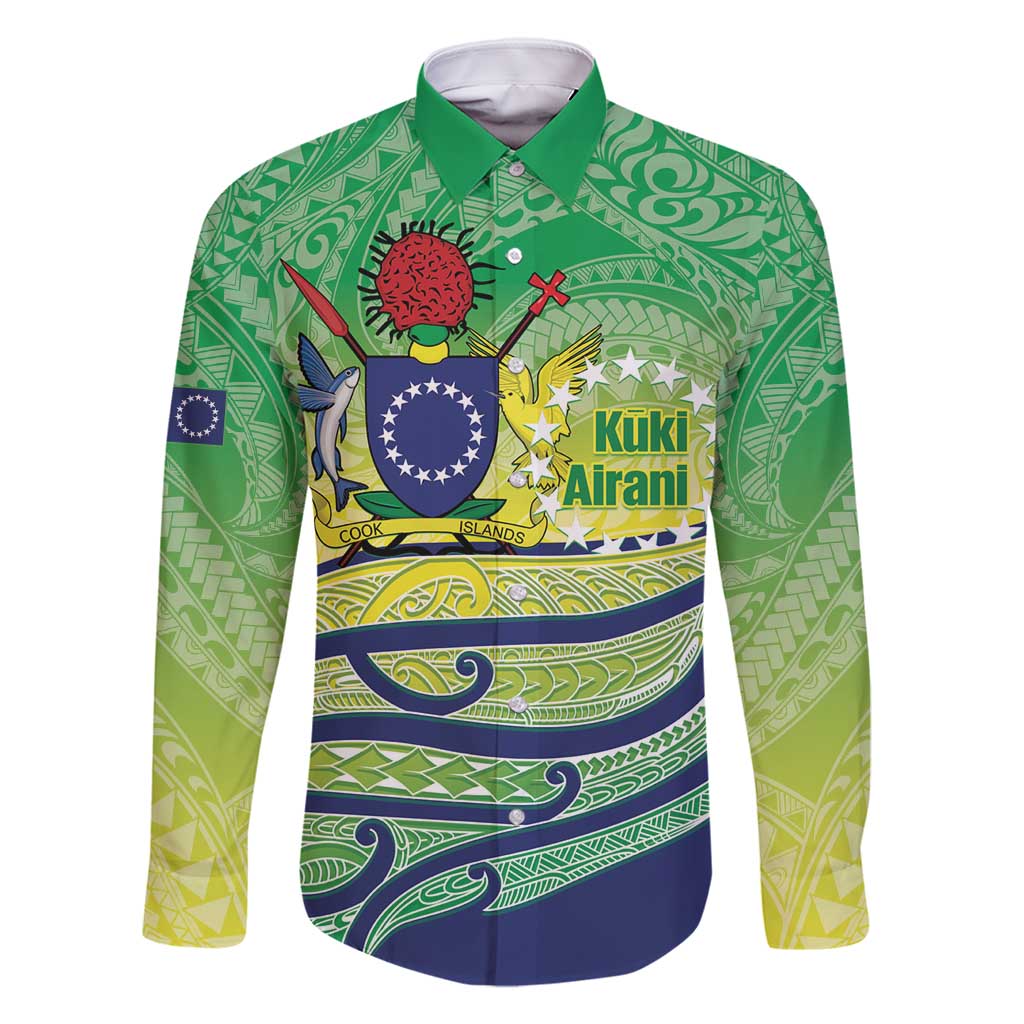Te Maeva Nui Cook Islands Family Matching Off Shoulder Short Dress and Hawaiian Shirt 60th Independence Anniversary Proud LT14 Dad's Shirt - Long Sleeve Green - Polynesian Pride