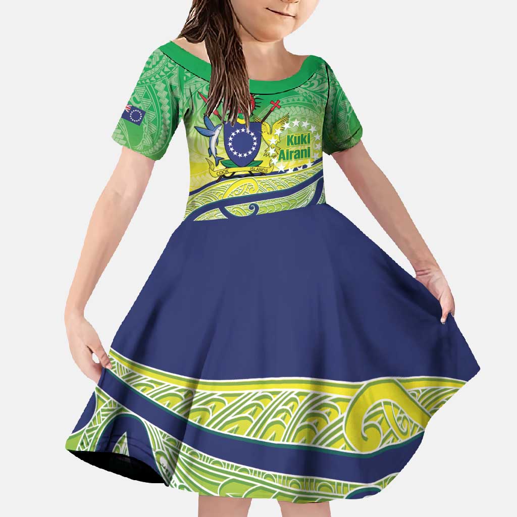 Te Maeva Nui Cook Islands Family Matching Short Sleeve Bodycon Dress and Hawaiian Shirt 60th Independence Anniversary Proud LT14 Daughter's Dress Green - Polynesian Pride