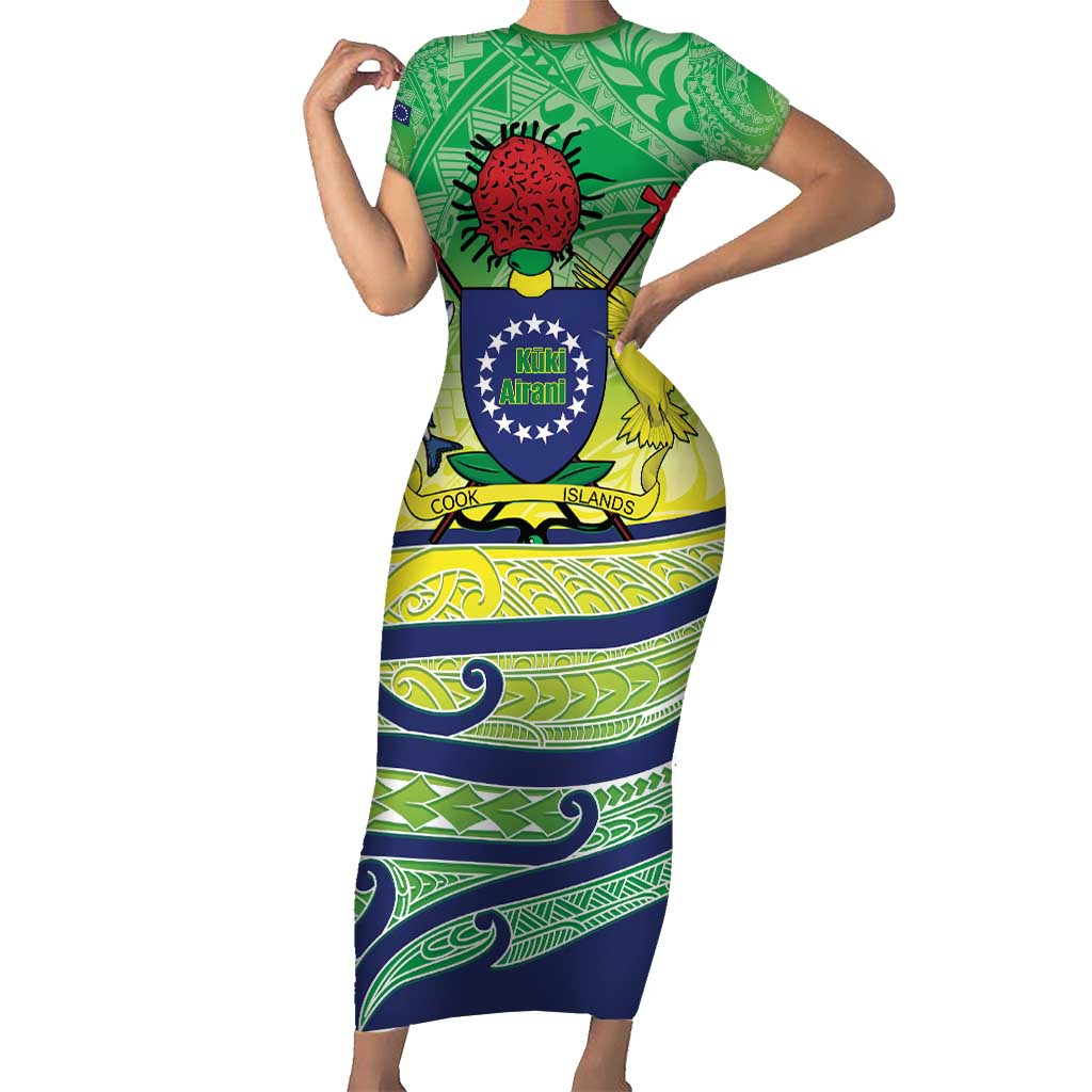 Te Maeva Nui Cook Islands Family Matching Short Sleeve Bodycon Dress and Hawaiian Shirt 60th Independence Anniversary Proud LT14 Mom's Dress Green - Polynesian Pride