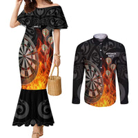 Personalised Aotearoa Darts Couples Matching Mermaid Dress and Long Sleeve Button Shirt Maori Koru Flaming Dartboard LT14 Black - Polynesian Pride