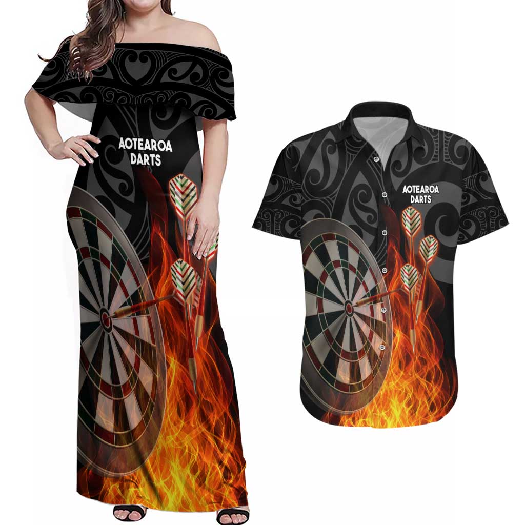 Personalised Aotearoa Darts Couples Matching Off Shoulder Maxi Dress and Hawaiian Shirt Maori Koru Flaming Dartboard LT14 Black - Polynesian Pride