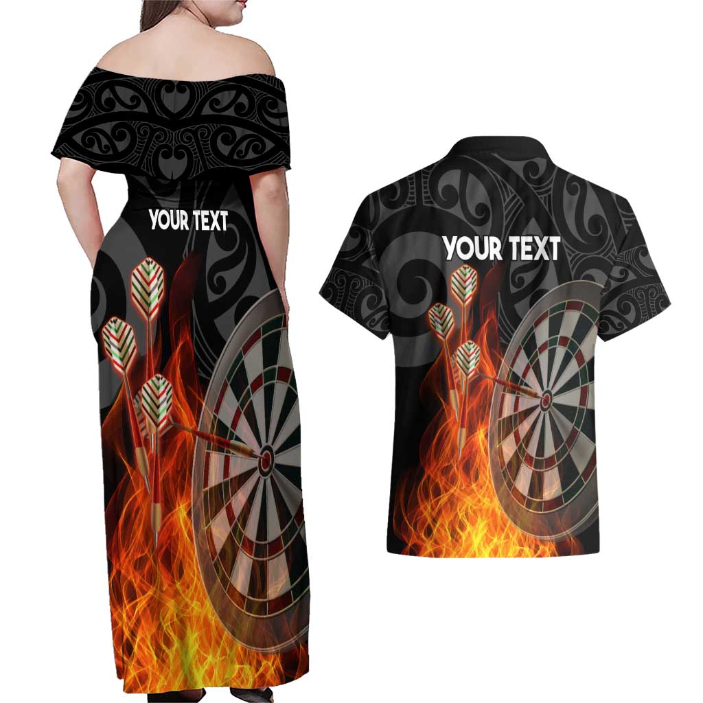 Personalised Aotearoa Darts Couples Matching Off Shoulder Maxi Dress and Hawaiian Shirt Maori Koru Flaming Dartboard LT14 - Polynesian Pride