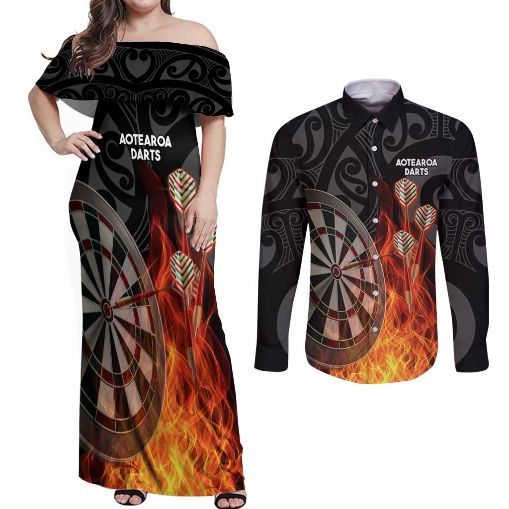 Personalised Aotearoa Darts Couples Matching Off Shoulder Maxi Dress and Long Sleeve Button Shirt Maori Koru Flaming Dartboard LT14 Black - Polynesian Pride