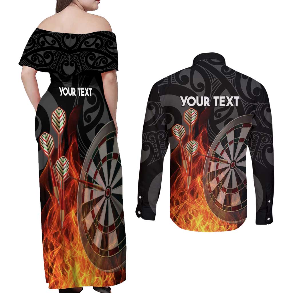 Personalised Aotearoa Darts Couples Matching Off Shoulder Maxi Dress and Long Sleeve Button Shirt Maori Koru Flaming Dartboard LT14 - Polynesian Pride