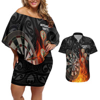 Personalised Aotearoa Darts Couples Matching Off Shoulder Short Dress and Hawaiian Shirt Maori Koru Flaming Dartboard LT14 Black - Polynesian Pride