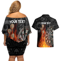 Personalised Aotearoa Darts Couples Matching Off Shoulder Short Dress and Hawaiian Shirt Maori Koru Flaming Dartboard LT14 - Polynesian Pride