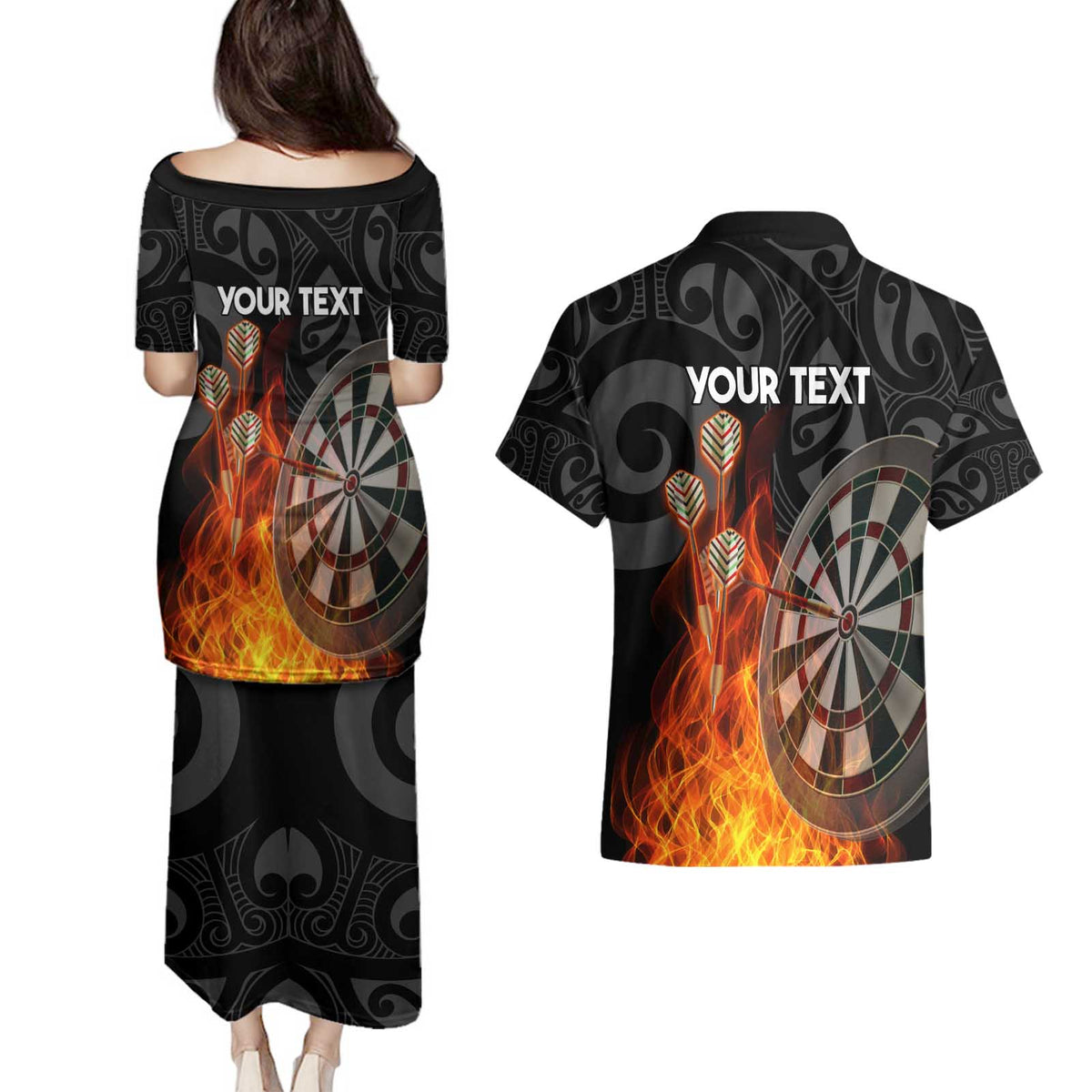 Personalised Aotearoa Darts Couples Matching Puletasi and Hawaiian Shirt Maori Koru Flaming Dartboard LT14 - Polynesian Pride