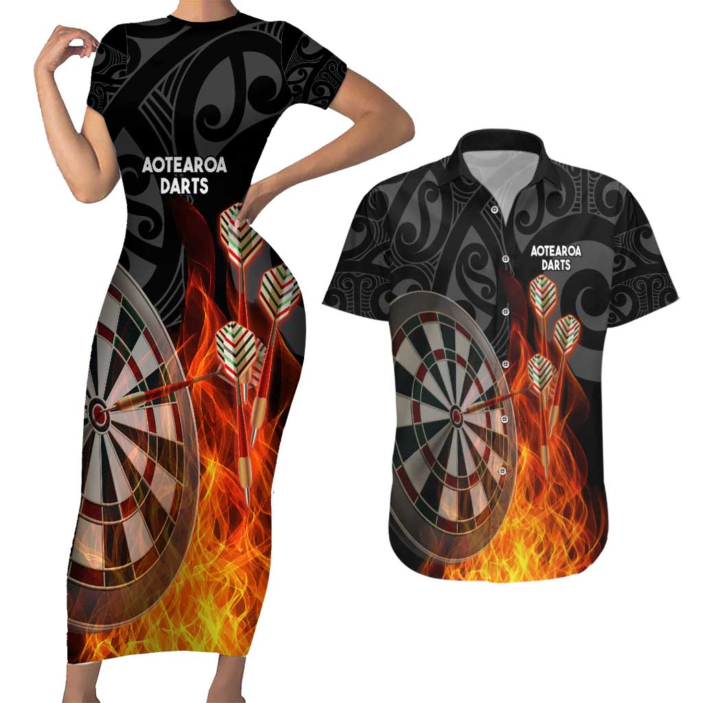 Personalised Aotearoa Darts Couples Matching Short Sleeve Bodycon Dress and Hawaiian Shirt Maori Koru Flaming Dartboard LT14 Black - Polynesian Pride